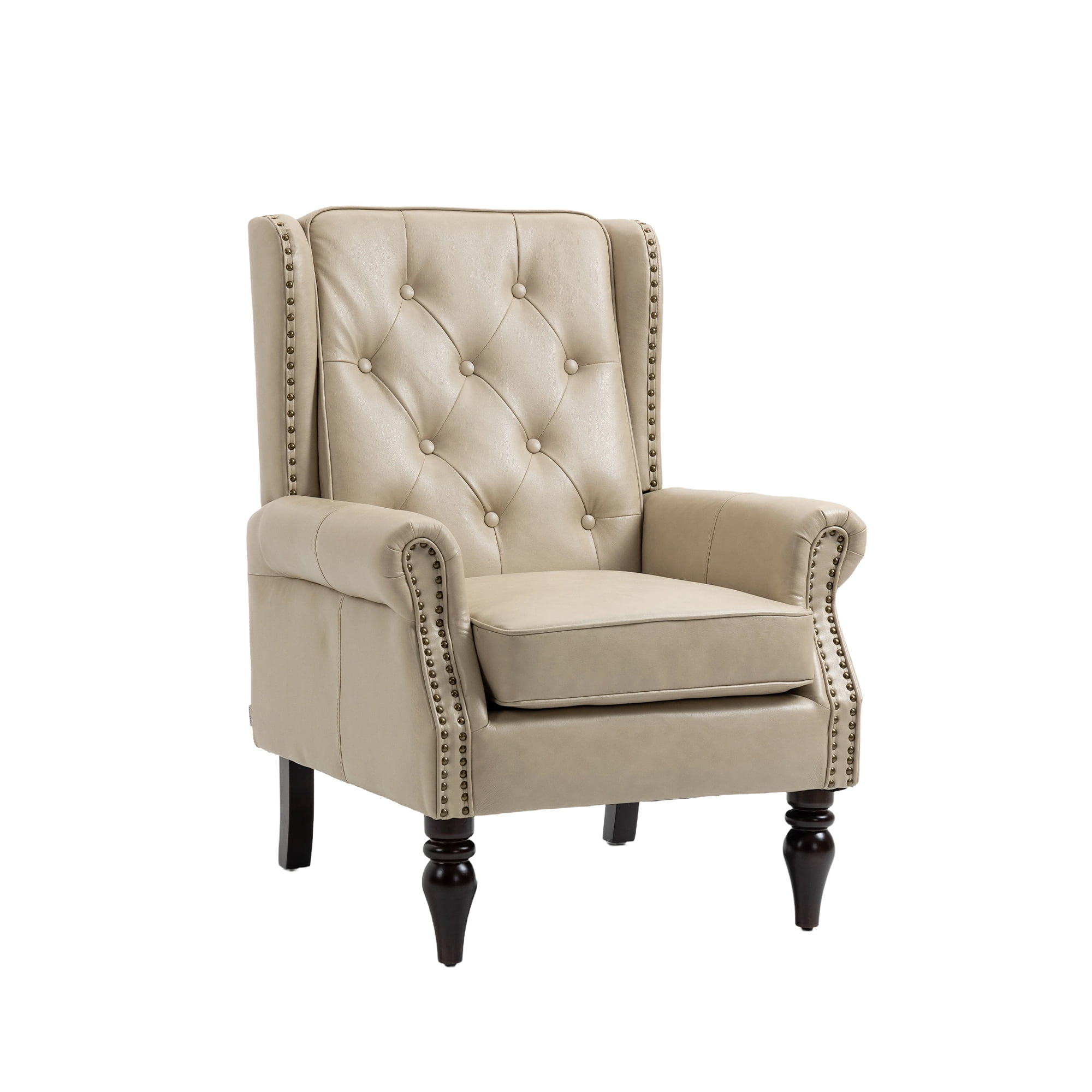 MOONMISS Mid-Century Leather Upholstered Tufted Nailhead Wood Frame Armchair for Living Room-Camel