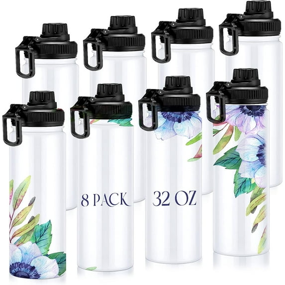 8 Pack Sublimation Sports Water Bottle Stainless Steel Vacuum Flask Sublimation Water Bottle Blanks Large Mouth Insulated Bottles Heat Transfer Insulated Flask with Spout Lid for Kids DIY Gift (32 oz)