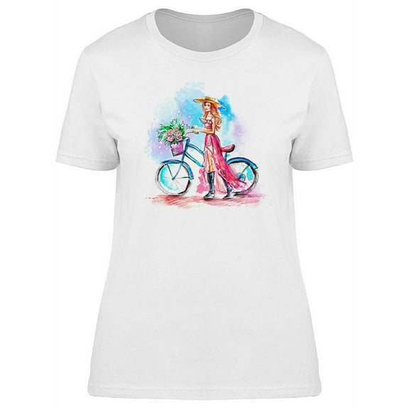 Watercolor Girl With Bicycle T-Shirt Women -Image by Shutterstock, Female 3X-Large