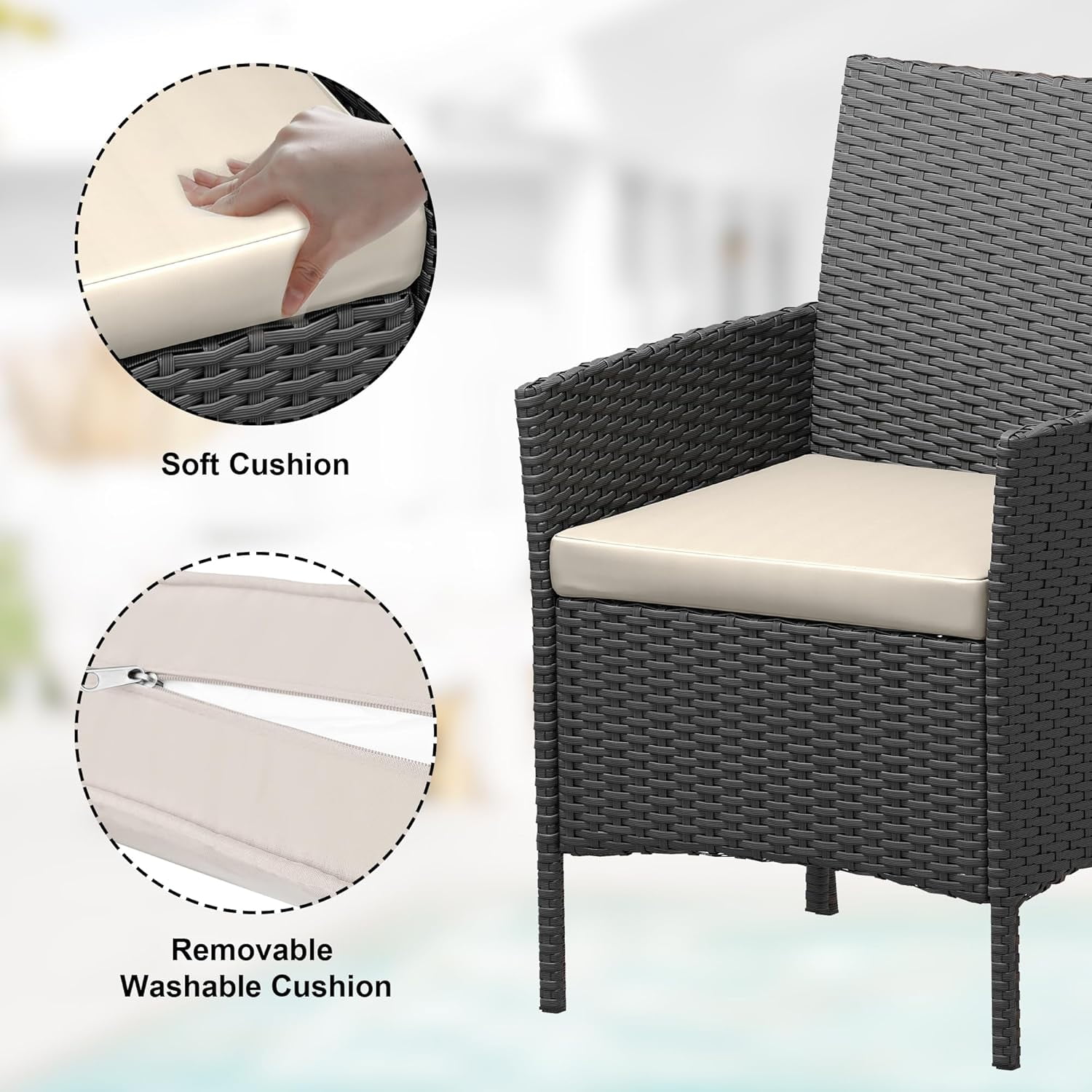 IdealHouse 3 Piece Patio Furniture Set, Rattan Outdoor Furniture with 2 Chairs & Coffee Table, Modern Outdoor Seating Conversation Bistro Set for Garden Backyard Porch (Black and Beige)