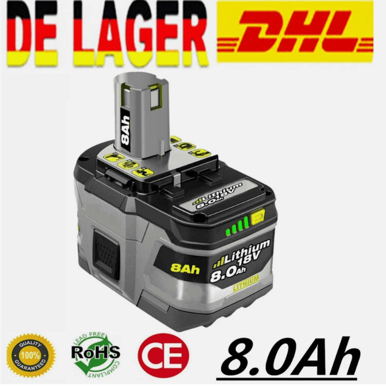8.0Ah 18V P108 Battery for Ryobi 18V Lithium Battery P102 P103 P105 P107 P108 P109 Ryobi ONE+ Cordless Tool P104 P190 RB18L50 RB18L40