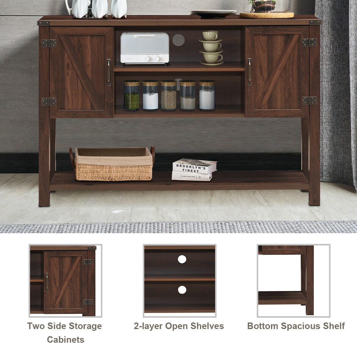 Gymax Console Table Sideboard Buffet TV Stand with Storage Cabinets & Bottom Shelf