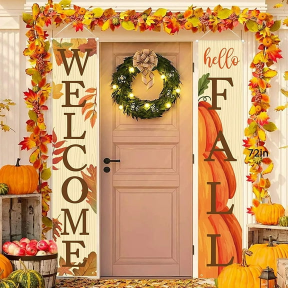 putnchl Fall Decor, Welcome & Hello Fall Banners for Front Door Harvest Decoration, Hanging Porch Signs for Autumn Home Decor