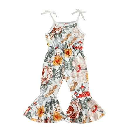

aturustex Baby Toddler Girls Jumpsuit Tie-up Suspender Sleeveless Elastic High Waist Floral Printed Long Flared Playsuits