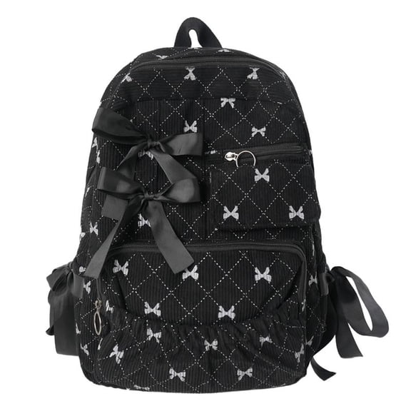 HUISZJ Corduroy Bow Printed Backpack, Large Capacity School Backpack With Bowknot, Reusable Shoulder Bag for Work School Outdoor (Black)