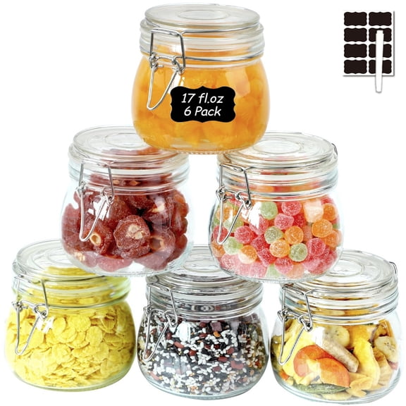 17oz Airtight Glass Jars, 6 Pack Clamp Lid Canisters, Small Food Storage Containers for Spices, Nuts, Snacks, Canning Jar for Jams, Pickles & Pantry Organization