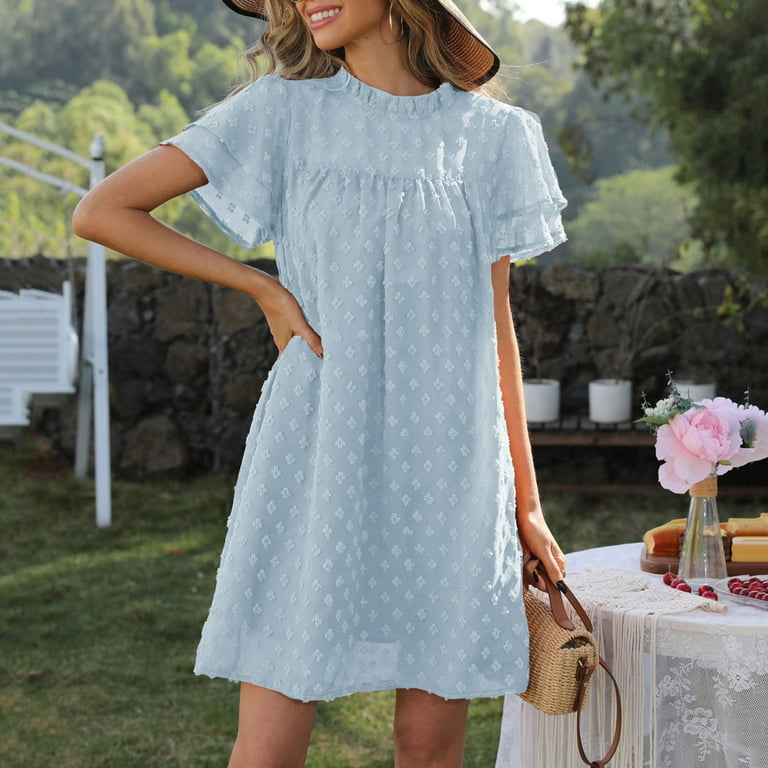 Womens Swiss Dot Chiffon Dress - Summer Elegant Mini Party Ruffle Short  Sleeve Dress Casual Short Loose Boho Dresses - Walmart.com