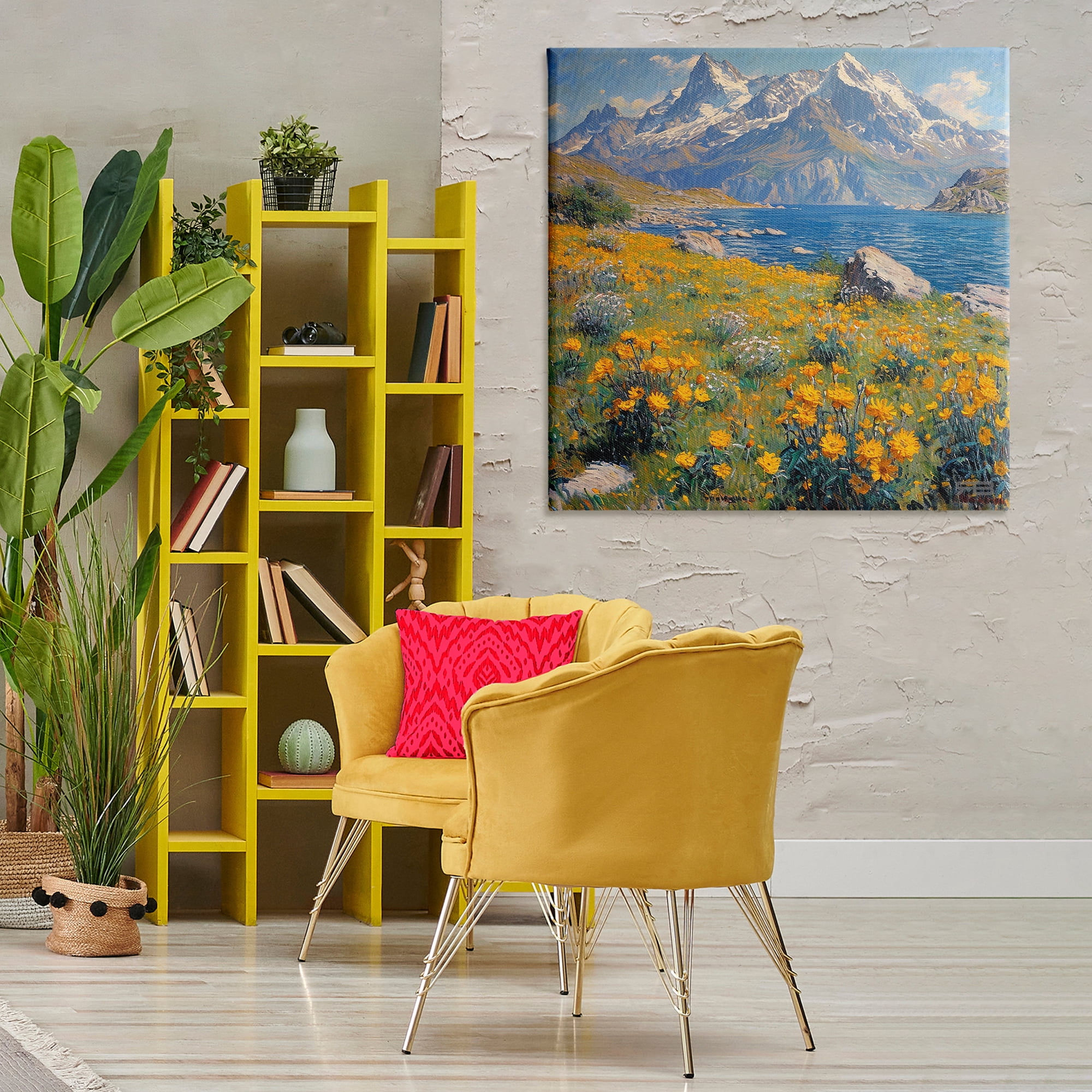 Stupell Industries Mountain Daisy Meadow Landscape & Nature Painting Wrapped Canvas Art Print Wall Art, 36 x 36