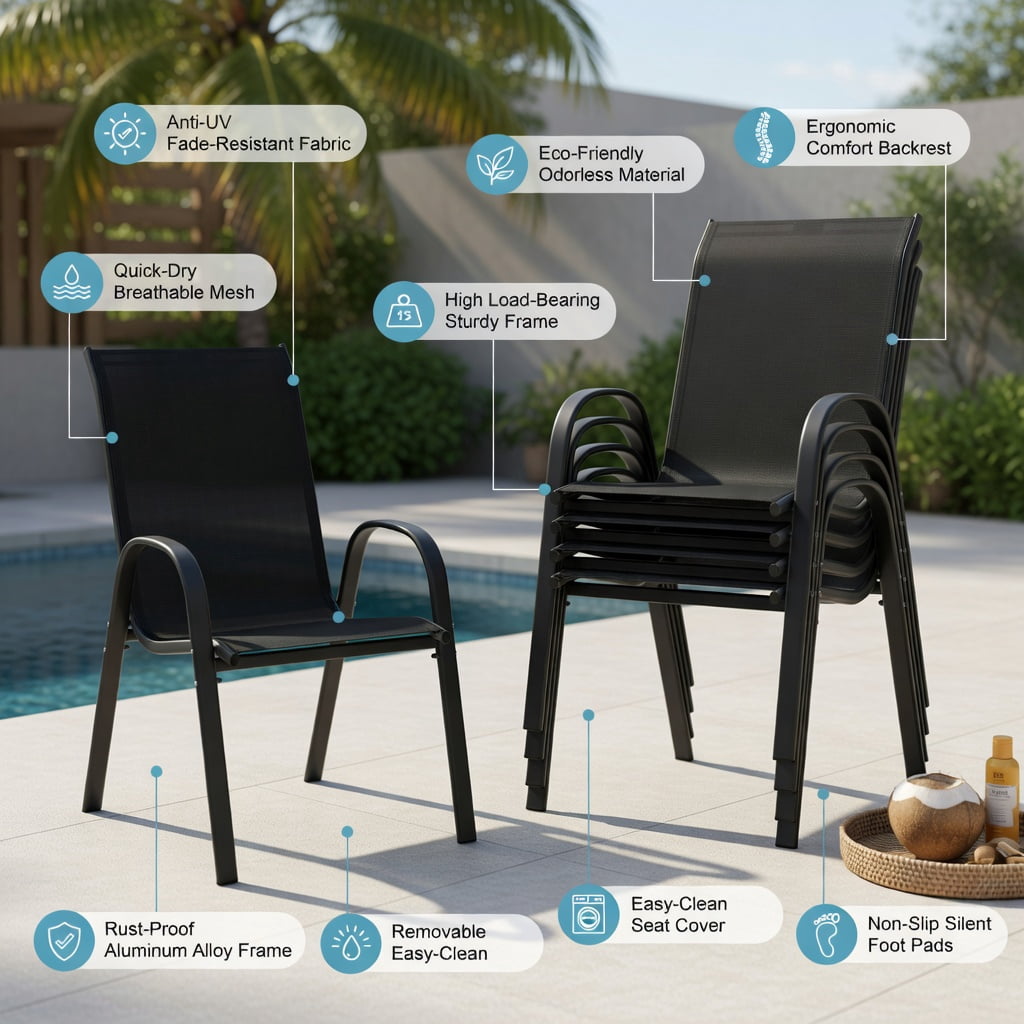 Hommoo 4-Pack Stackable Outdoor Dining Chairs with Armrests, Steel Frame, Ergonomic Design for Patio, Deck & Backyard, Black