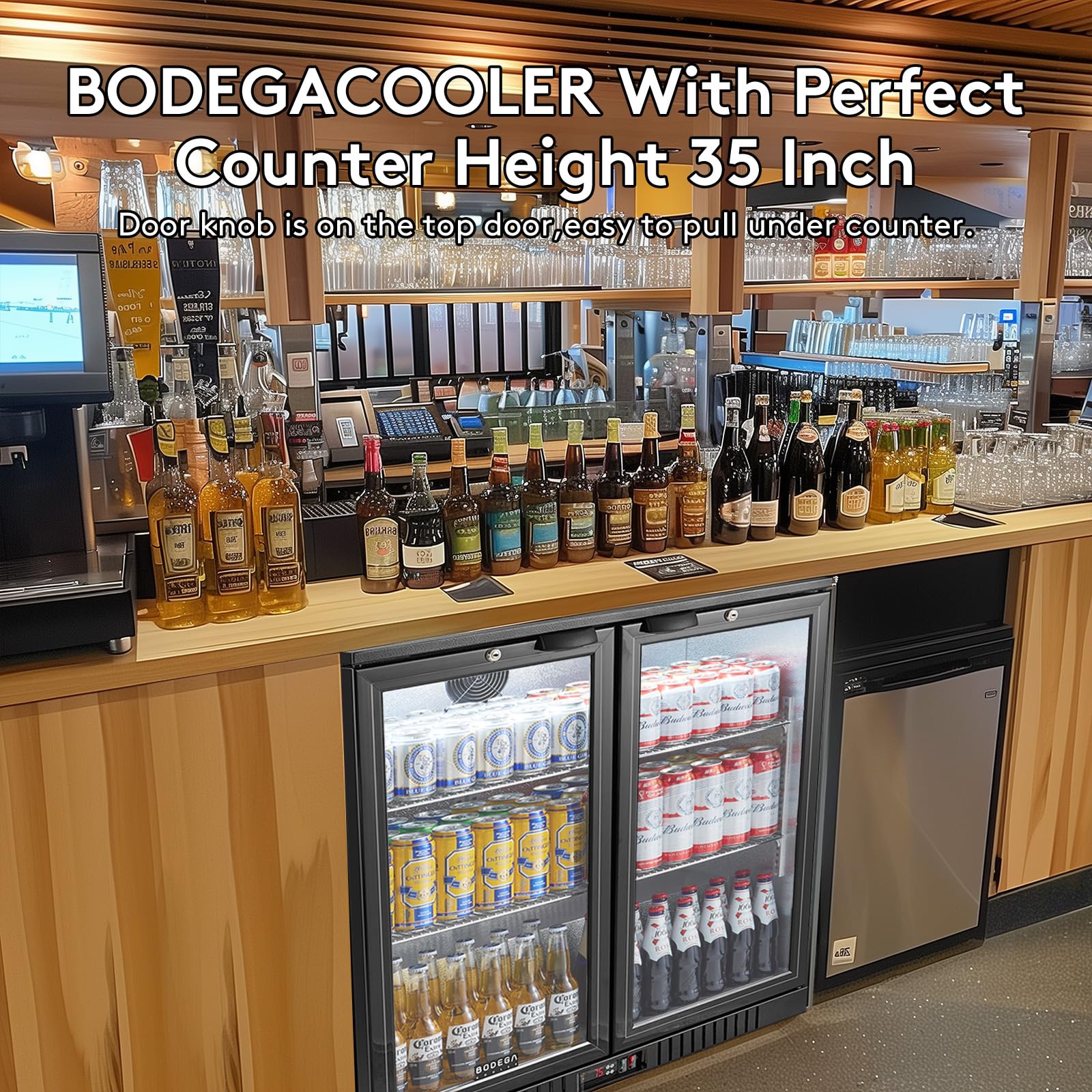 Back Bar Cooler With 2 Glass Doors, BODEGACOOLER 7.4 Cu.Ft. Capacity Back Bar Fridge with LED Lighting, Commercial Under counter Display Fridge for Beer, Soda Drinks, Wine