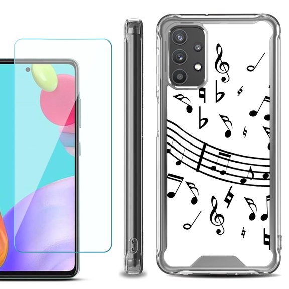 Shockproof Bumper Phone Case for Samsung Galaxy A52 5G, with Tempered Glass Screen Protector, by OneToughShield ® - Music Notes / White