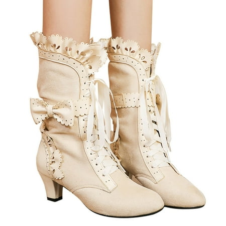 Oyedens Mid Calf Combat Boots for Women Vintage Kitten Heels Lace Dress Boots Winter Shoes