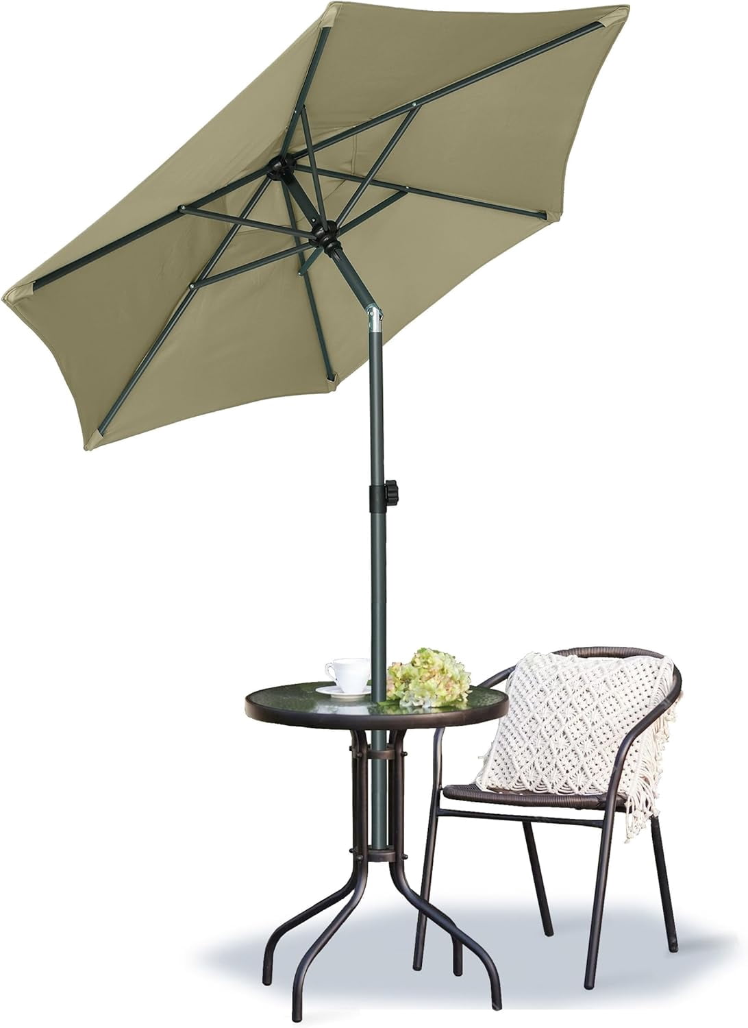 AMMSUN 6ft Round Patio Umbrella, Khaki, Push Up & Tilt Small Outdoor Market Umbrella for Pool Lawn Balcony Garden