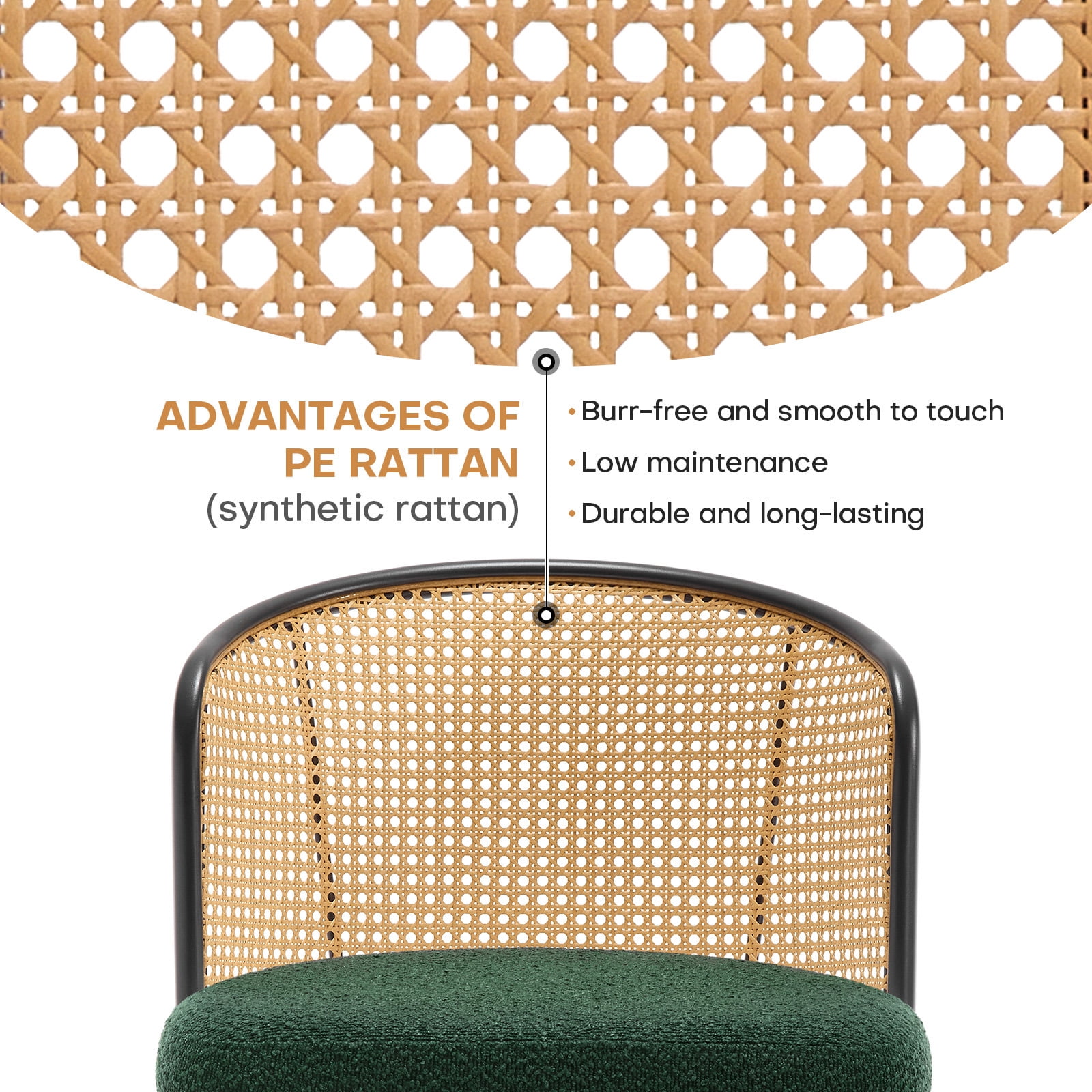 Foreate Cane Swivel Barstools Set of 2, 26" Seat Counter Height w/ Rattan Mid-Back Metal Legs, Upholstered Boucle Fabric Modern Armless Bar Stools Chairs for Kitchen Island Pub