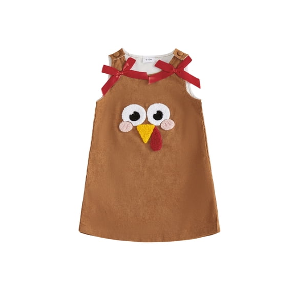 BemeyourBBs Toddler Baby Girls Thanksgiving Outfit Baby Girl Fall Thanksgiving Overall Dress Clothes Kids Turkey Embroidery Sleeveless Bows A-line Tank Dress 12 18 24 Months 2 3 4 5 Years