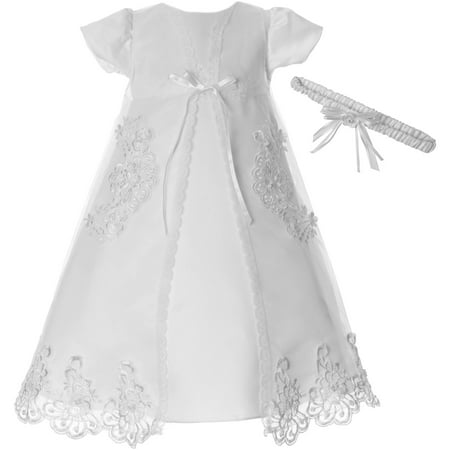 Newborn Baby Girl Organza Christening Gown w Removable Embroidered Sheer Coat & Floral Headband