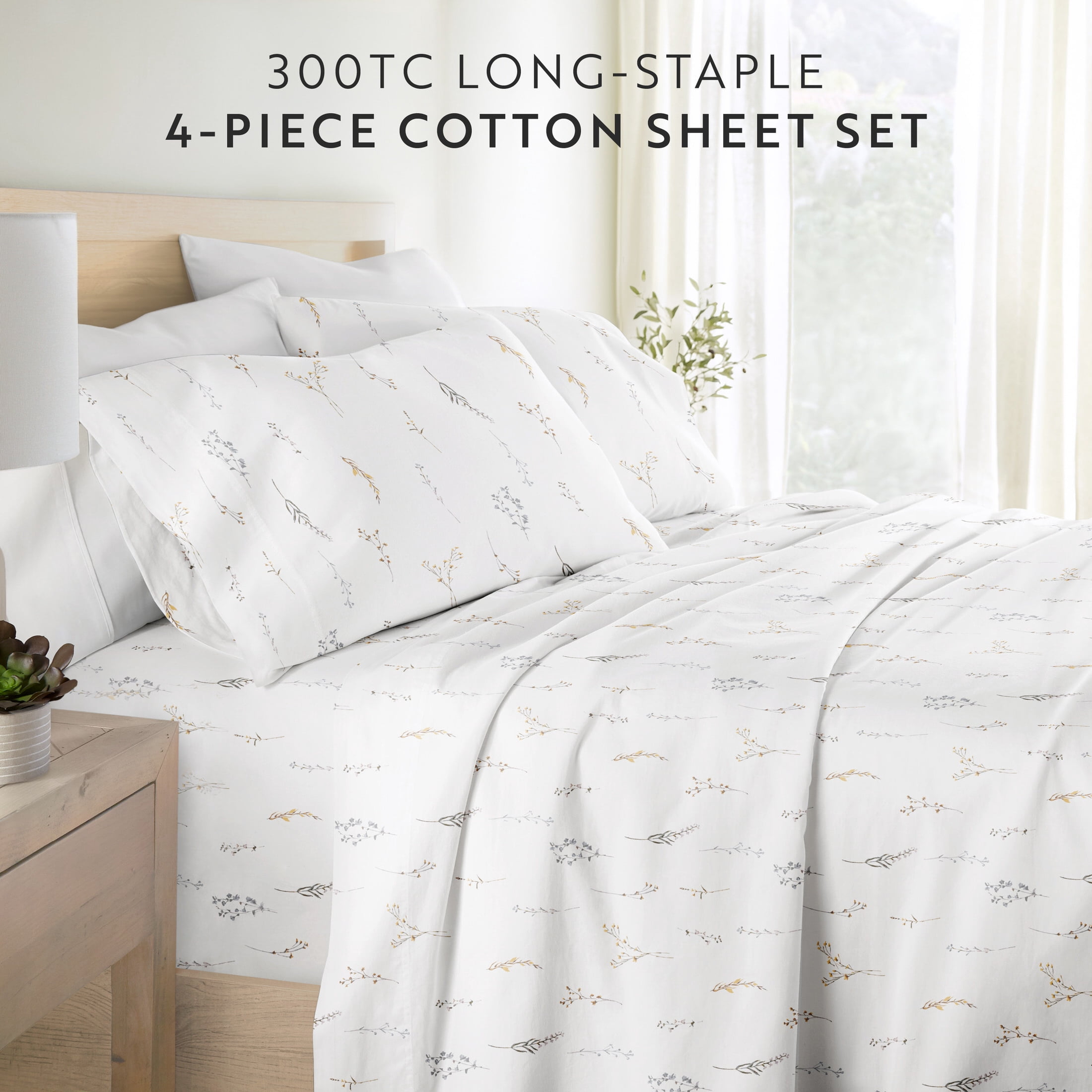 Noble Linens 4 Piece 300TC Cotton Printed Sheets, Wild Garden White, California King