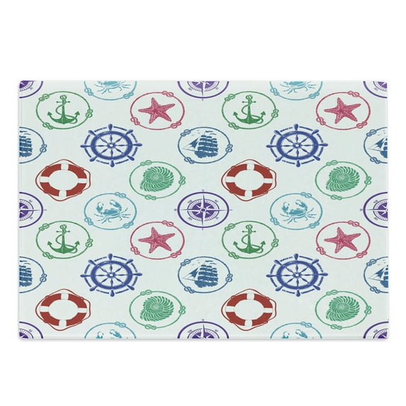 Ships Wheel Cutting Board, Marine Pattern with Anchor Wheel Compass Life Ship Starfish Seashell Crab, Decorative Tempered Glass Cutting and Serving Board, Large Size, Green Red, by Ambesonne