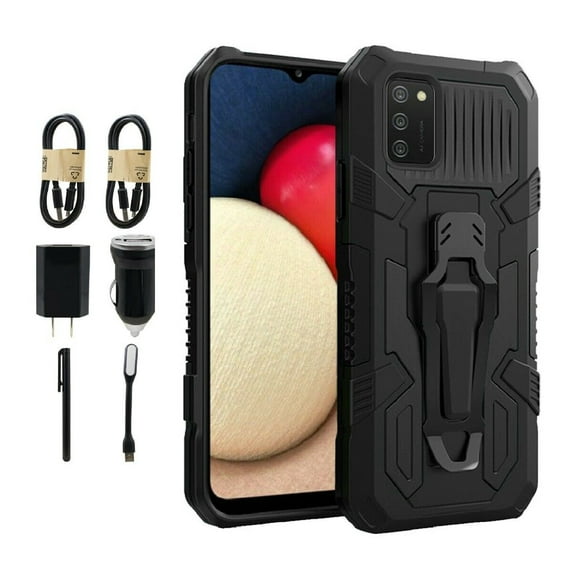 Value Pack + for Samsung Galaxy A02S (NOT FIT SAMSUNG A02) with Tempered Glass Hybrid Phone Case Magnet Mount Ready Grip Grids Kickstand Slim Shock Bumper Cover