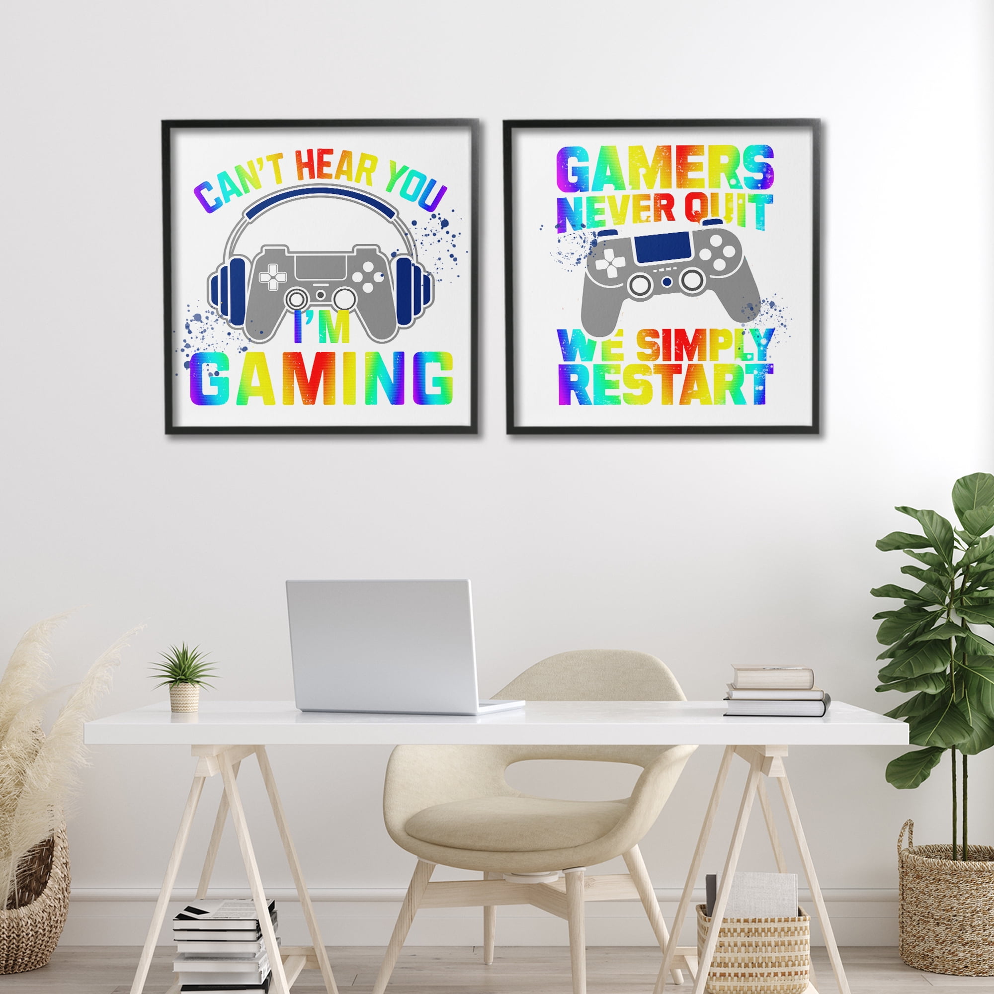 Rainbow Retro Gaming Phrases 2 Piece Black Framed Giclee Art Set, design by Kim Allen