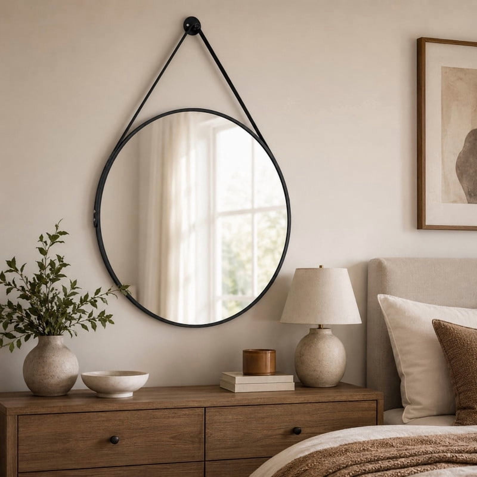 Easy4Home 20" Round Bathroom Mirror Vanity Mirror Wall Mounted with Leather Hanging Strap, Black