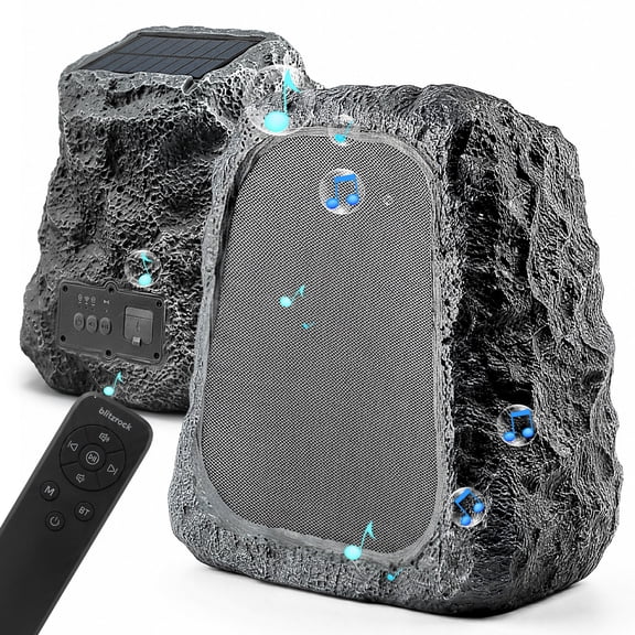 2 Pack Outdoor Rock Bluetooth Speakers, Tweeters Subwoofer, Pair 100 Speakers, Stereo Deep Bass IPX7 Waterproof Speaker, Solar Powered, Perfect for Pool, Garden, Deck and Outdoor