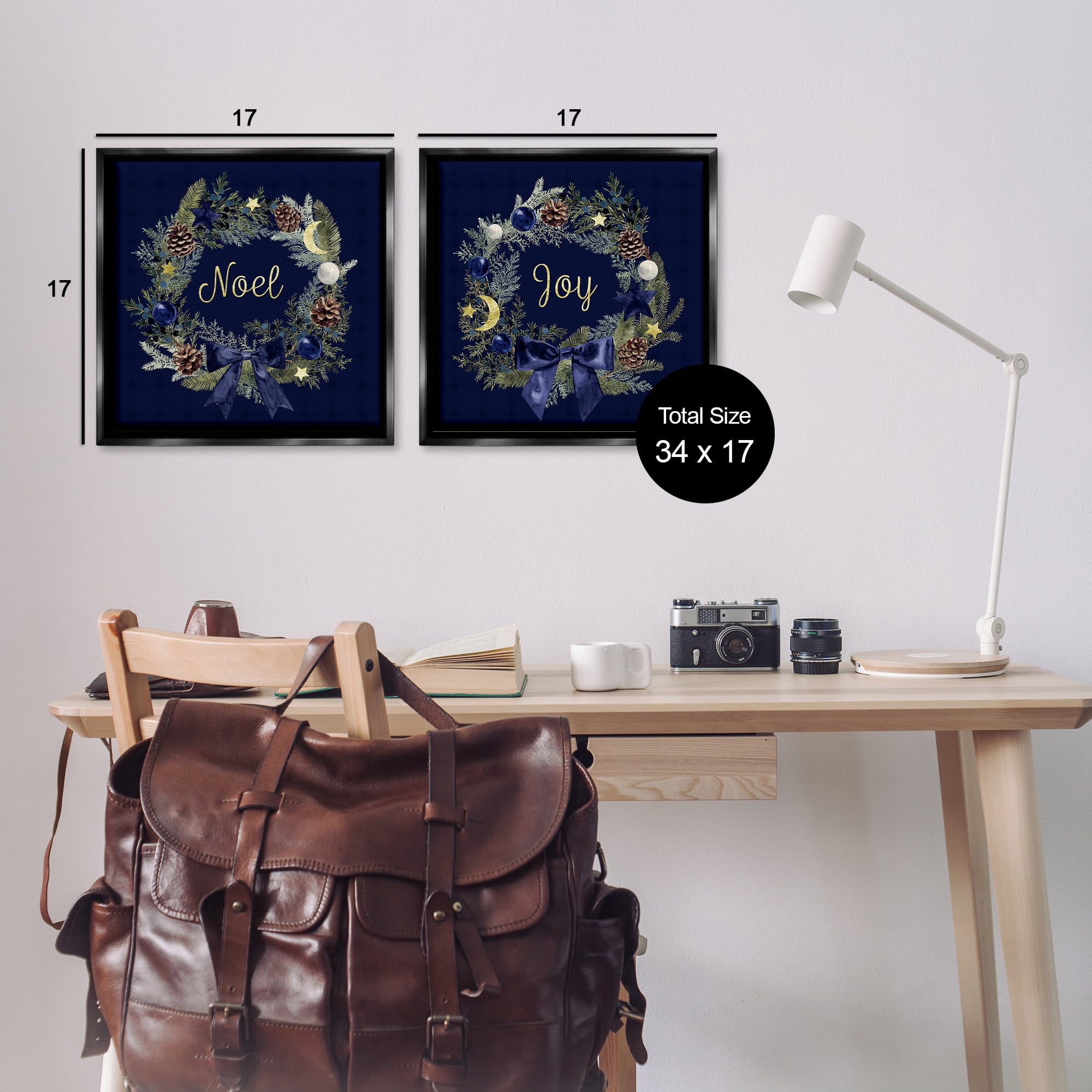 Stupell Industries Noel Joy Balsam Wreath Pinecones Holiday Painting Black Floater Framed Canvas Art Prints Wall Art, 18 x 18, Set of 2