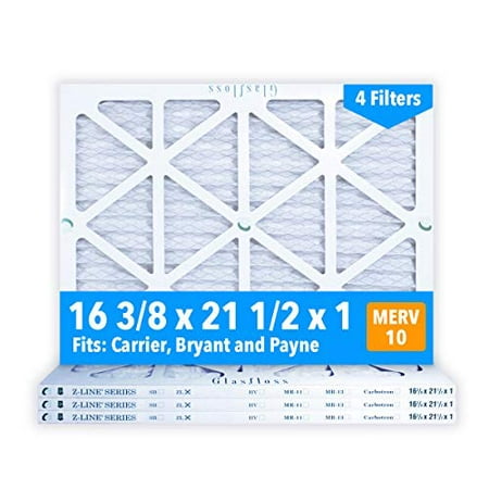 

Glasfloss 16-3/8 x 21-1/2 x 1 MERV 10 Air Filters Pleated Made in USA (Case of 4) Fits Listed Models of Carrier Bryant & Payne Removes Dust Pollen & Many Other Allergens