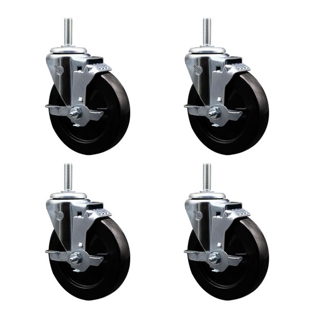 Soft Rubber Swivel Threaded Stem Caster Set of 4 w/5" x 1.25" Black