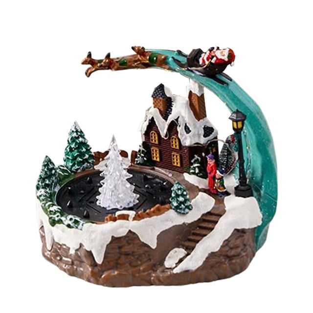 Christmas Winter Scene Village House Resin Music Fountain Collectible Buildings