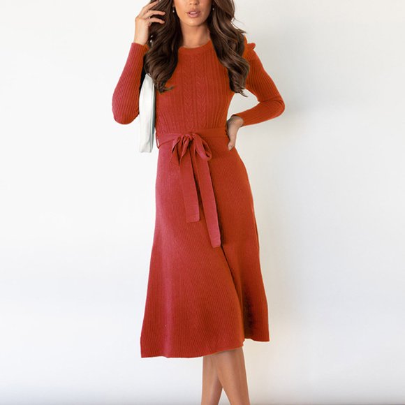 Women's Sweater Mid-Length Sweater Dress Round-neck Puffy Sleeves Solid Color Knitted Skirt