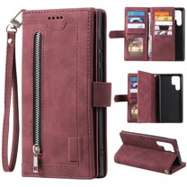 Feishell for Samsung Galaxy S22 Ultra Wallet Case with Wrist Strap,for Women Men,Luxury PU Leather Zipper Pocket Magnetic Clasp Folio Flip Holder ID Credit Card Slots Shockproof Phone Cover,Winered