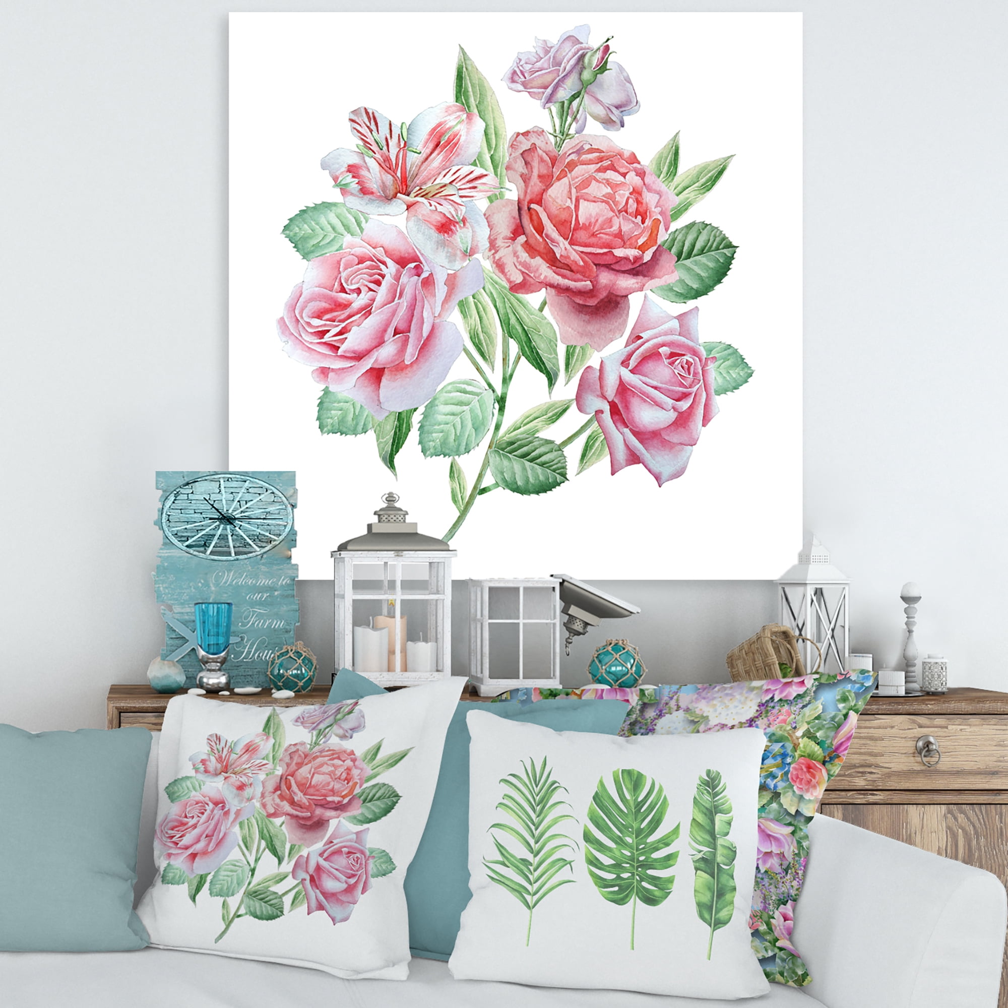 Designart ' Spring Flowers Alstroemeria Pink Roses ' Traditional Canvas Wall Art Print