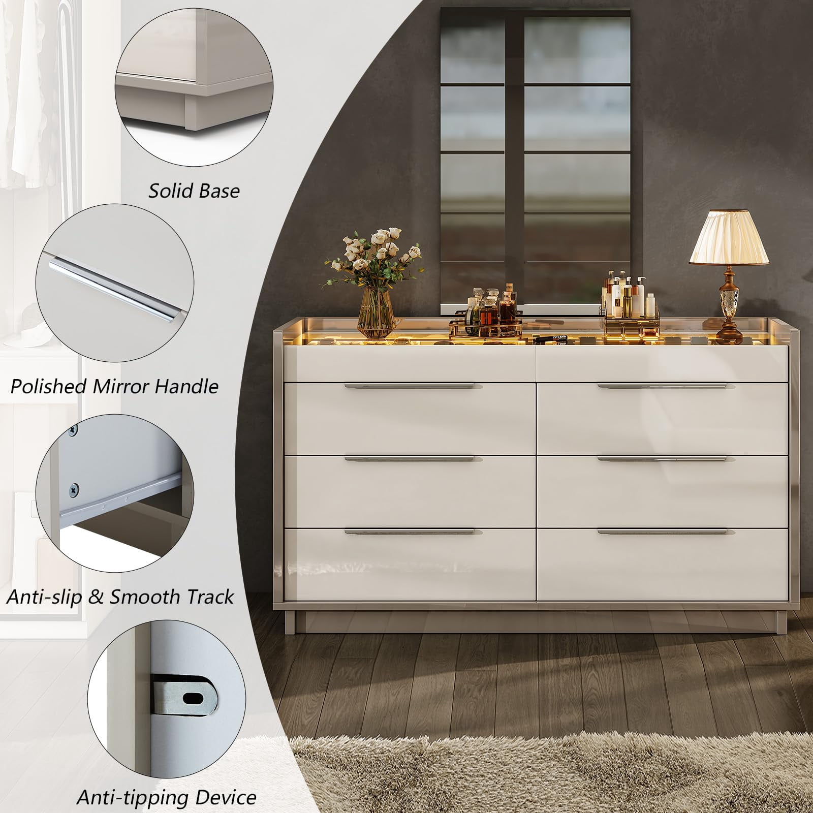 Papajet 47.2" W 8 Drawer Dresser with LED Light & Glass Top, Modern Storage Chest with 2 Jewelry Drawers, Storage Organizer for Bedroom, Cream & Grey