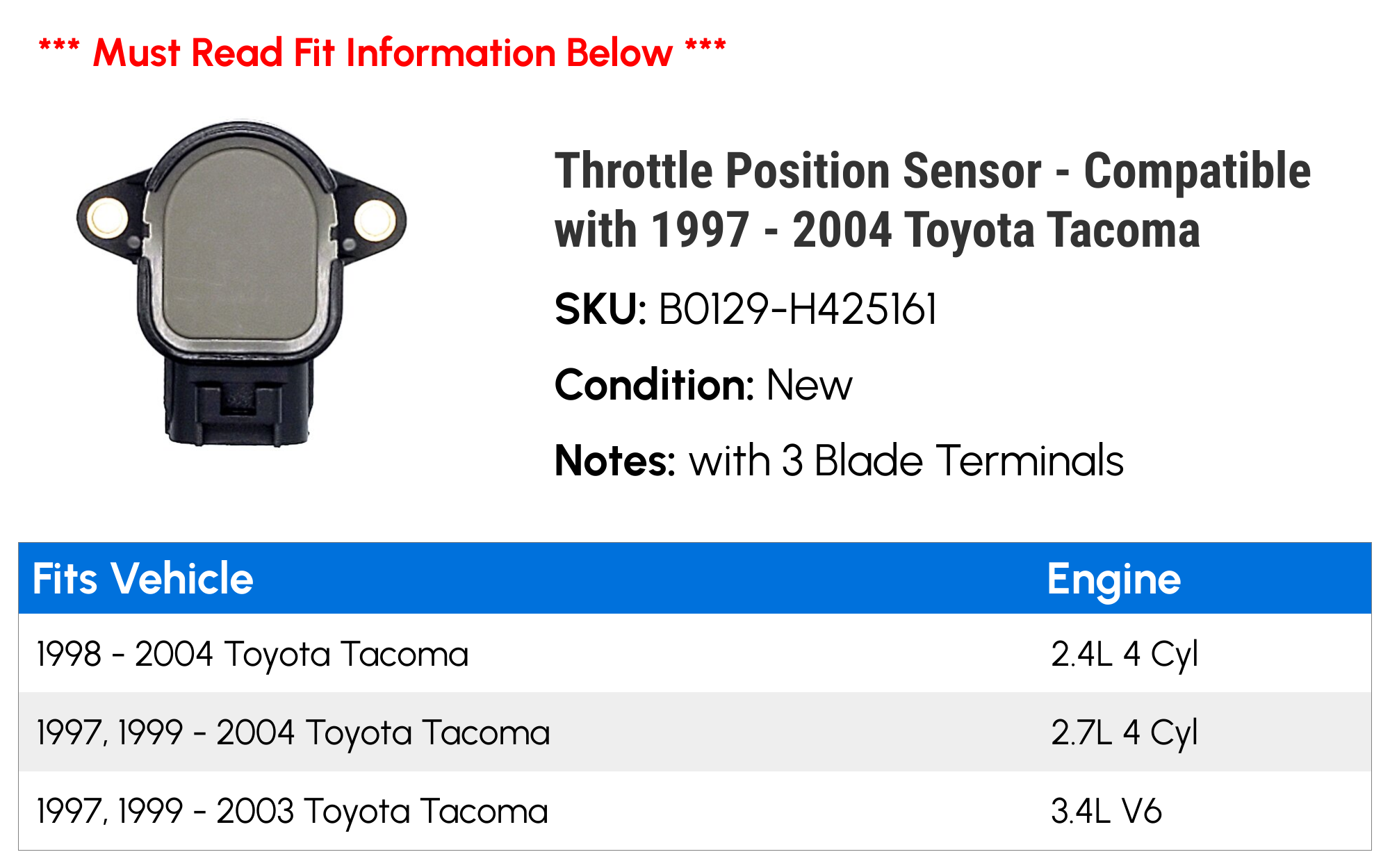 Throttle Position Sensor For 1997-2004 Toyota Tacoma 2.4L, 2.7L, 3.4L - Integrated Controls USA