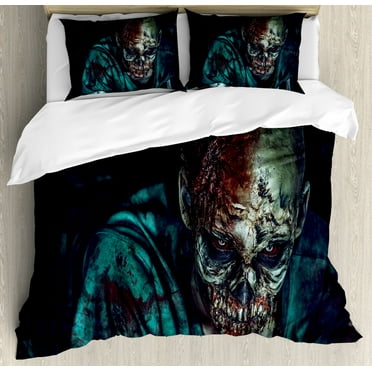 Zombie Duvet Cover Set King Size, Man Shot in Head with Bloody Details Fearful Monster Design Vampire Fantasy Print, Decorative 3 Piece Bedding Set with 2 Pillow Shams, Multicolor, by Ambesonne