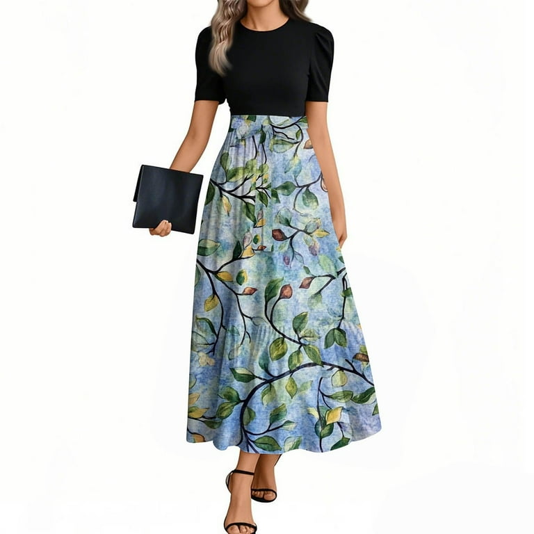 JULMCOMO Modest Dresses for Women Short Sleeve Floral Print Cute Church  Dresses Tie Waist Long Modest Shirt Dresses Fashion Teacher Outfits Blue XL  - Walmart.com