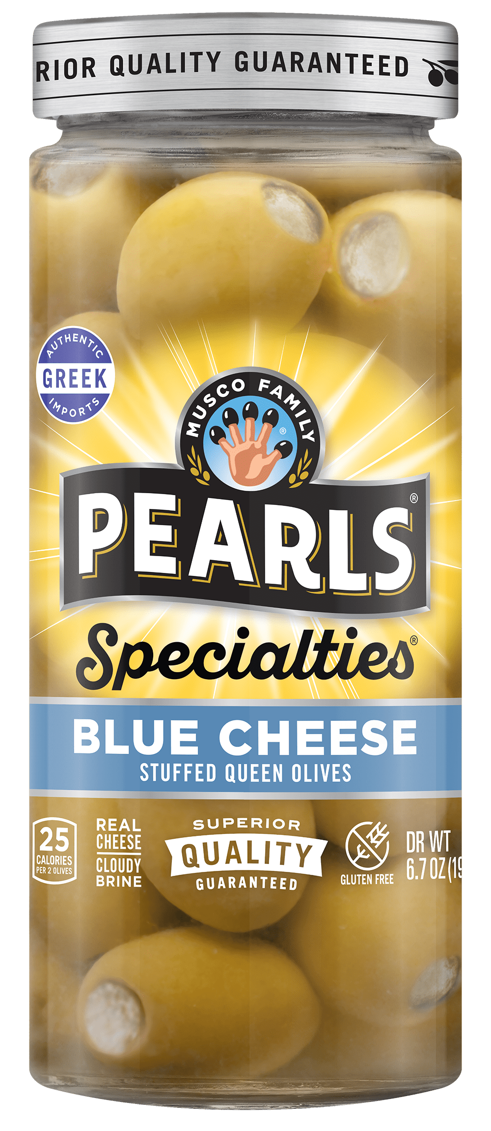 (2 pack) Pearls Specialties Blue Cheese Stuffed Greek Queen Olives 6.7 oz. Jar.  Contains Dairy. Gluten Free. Non-GMO