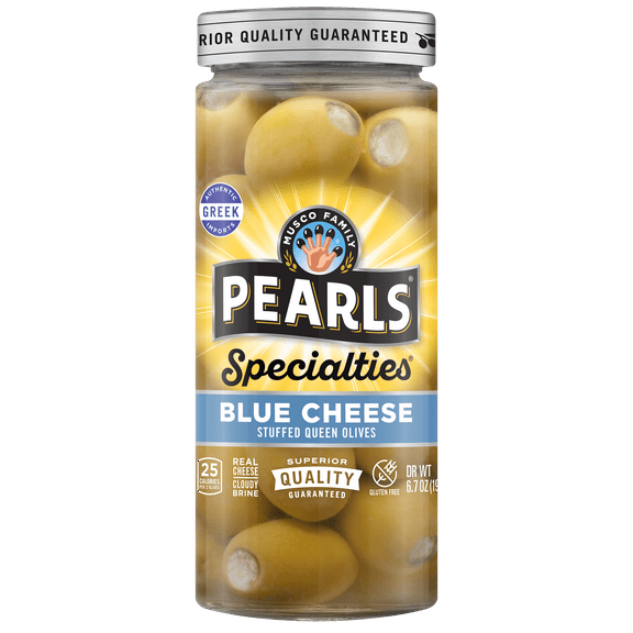 Pearls Specialties Blue Cheese Stuffed Greek Queen Olives 6.7 oz. Jar. Contains Dairy. Gluten Free. Non-GMO