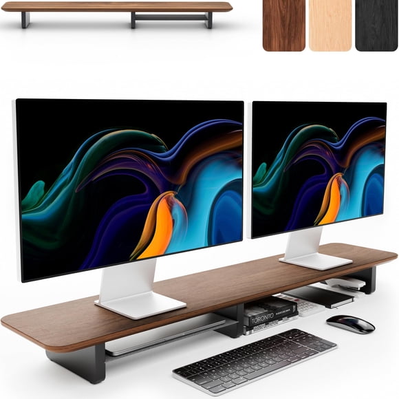 KIVY Dual Monitor Riser with Integrated Metal Shelf - Wooden desk shelf for top of desk - Wood monitor stand for desk 2 monitors / tv - Dual monitor