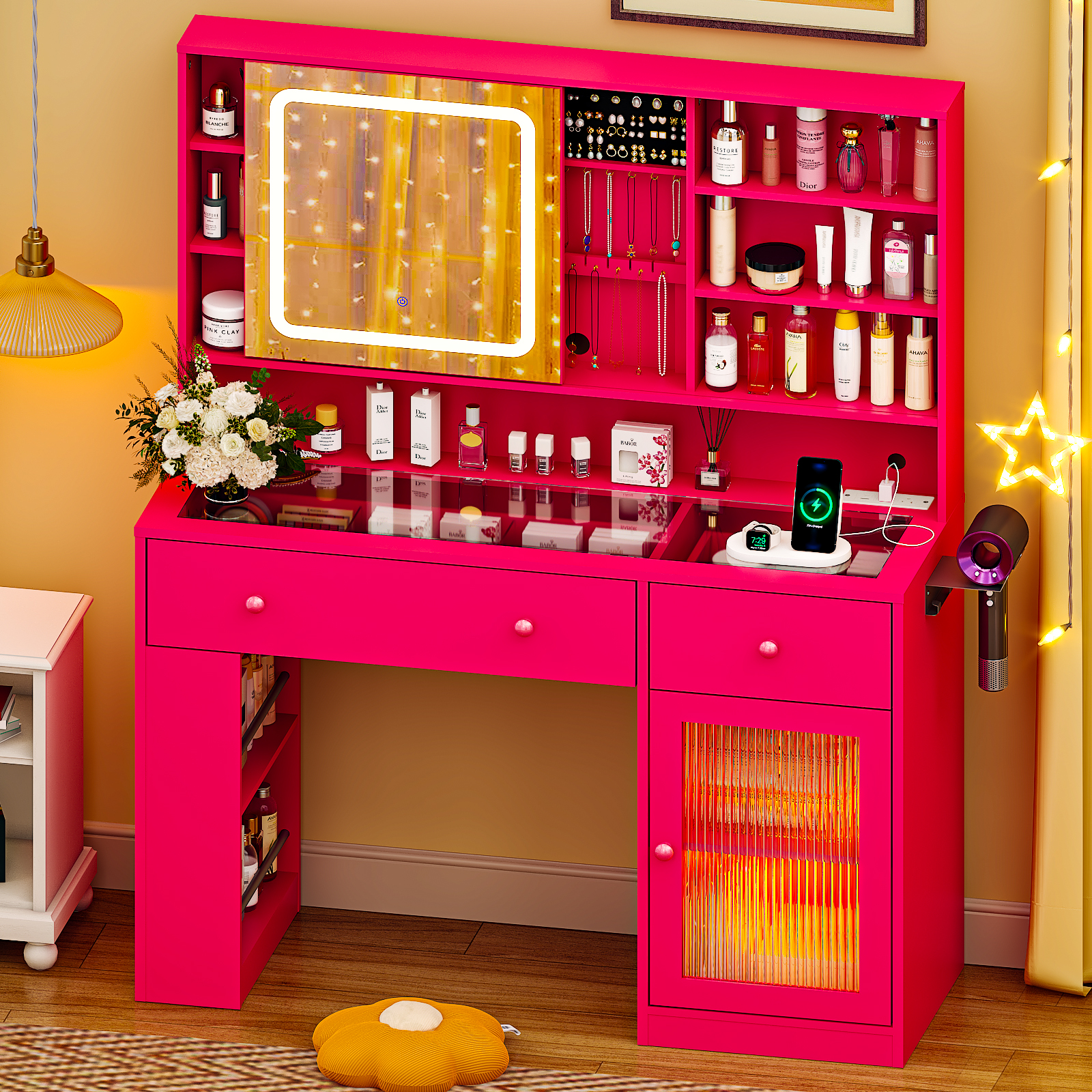 Ktaxon Makeup Vanity with Lighted Mirror,  Vanity Table Set w/ Charging Station, Side Rack, Pink