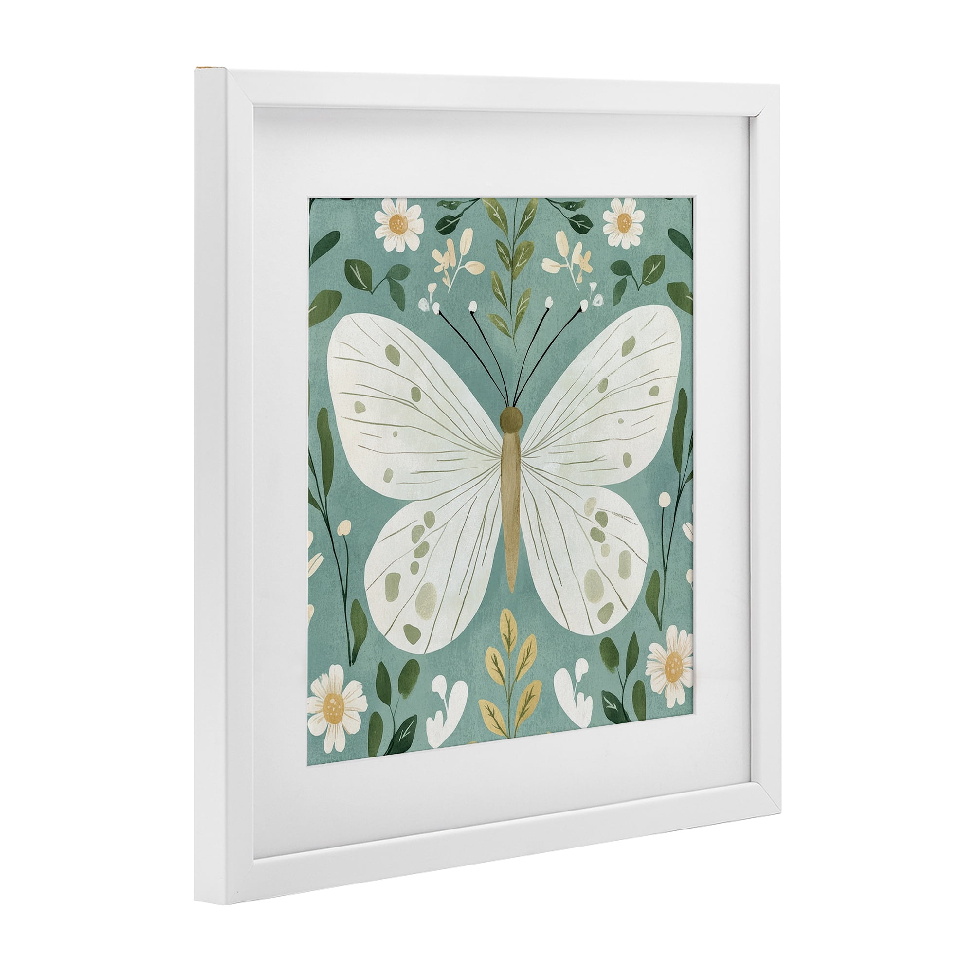 Stupell Industries Teal Butterfly Garden with Daisies White Framed Print Under Glass, design by Petal Prints Design