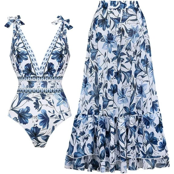 Vevri Swimsuit Matching Skirt Blue and White V Neck Lace Up Strip Plant Prints One Piece Swimsuit and Skirt/Sarong