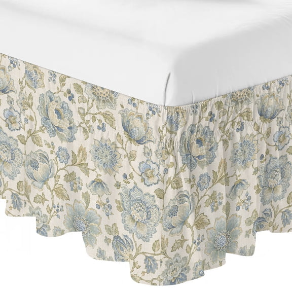 Vintage Floral Ruffle Bed Skirt King Size Country Rustic Gold Blue Botanical Flowers Leaf Adjustable Elastic Dust Bed Skirts Wrap Around Bedskirt Wrinkle Free Easy Fit with 16 Inch Drop
