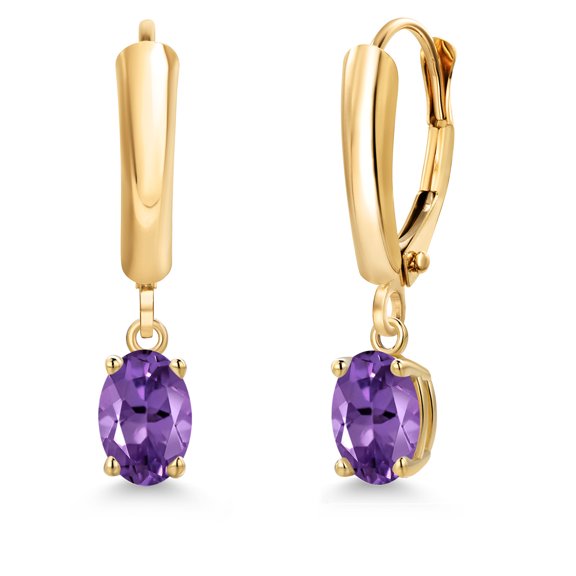 Gem Stone King 14K Yellow Gold Purple Amethyst Dangle Earrings for Women | 0.90 Cttw | Gemstone February Birthstone | Oval 6X4MM