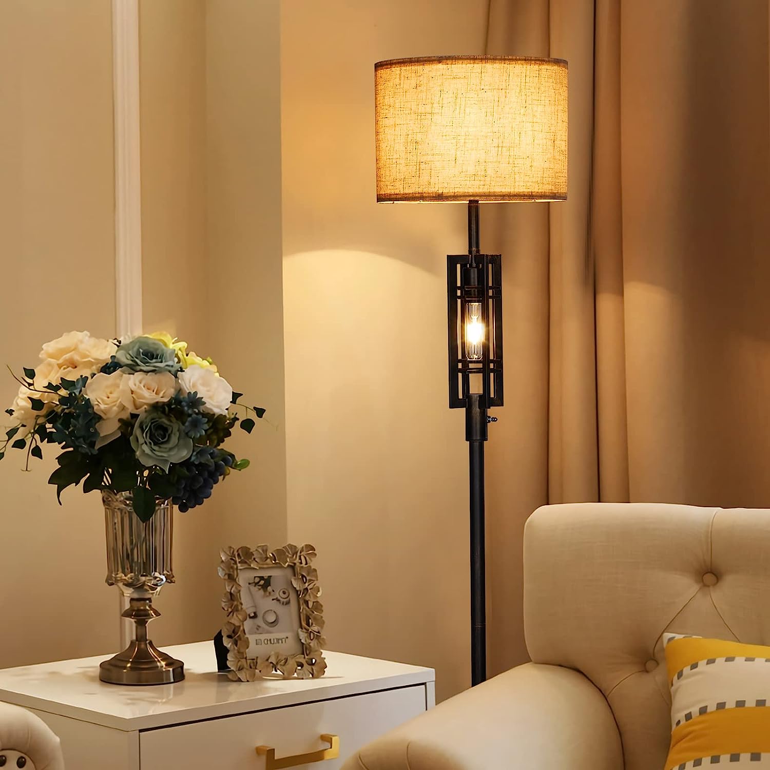 Farmhouse Floor Lamp with LED Nightlight Bulb, Rustic Tall Lamps for