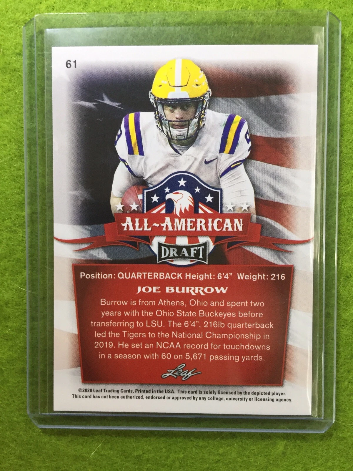 JOE BURROW ROOKIE CARD JERSEY #9 LSU RC 2020 Leaf Football All-American BENGALS