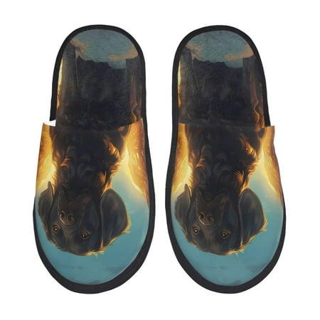 Balery Golden Cloud Winged Dog Slient Indoor Furry Fleece Comfort House Shoes Soft Non-Slip Home Shoes Cotton slippers House Slippers-- Medium