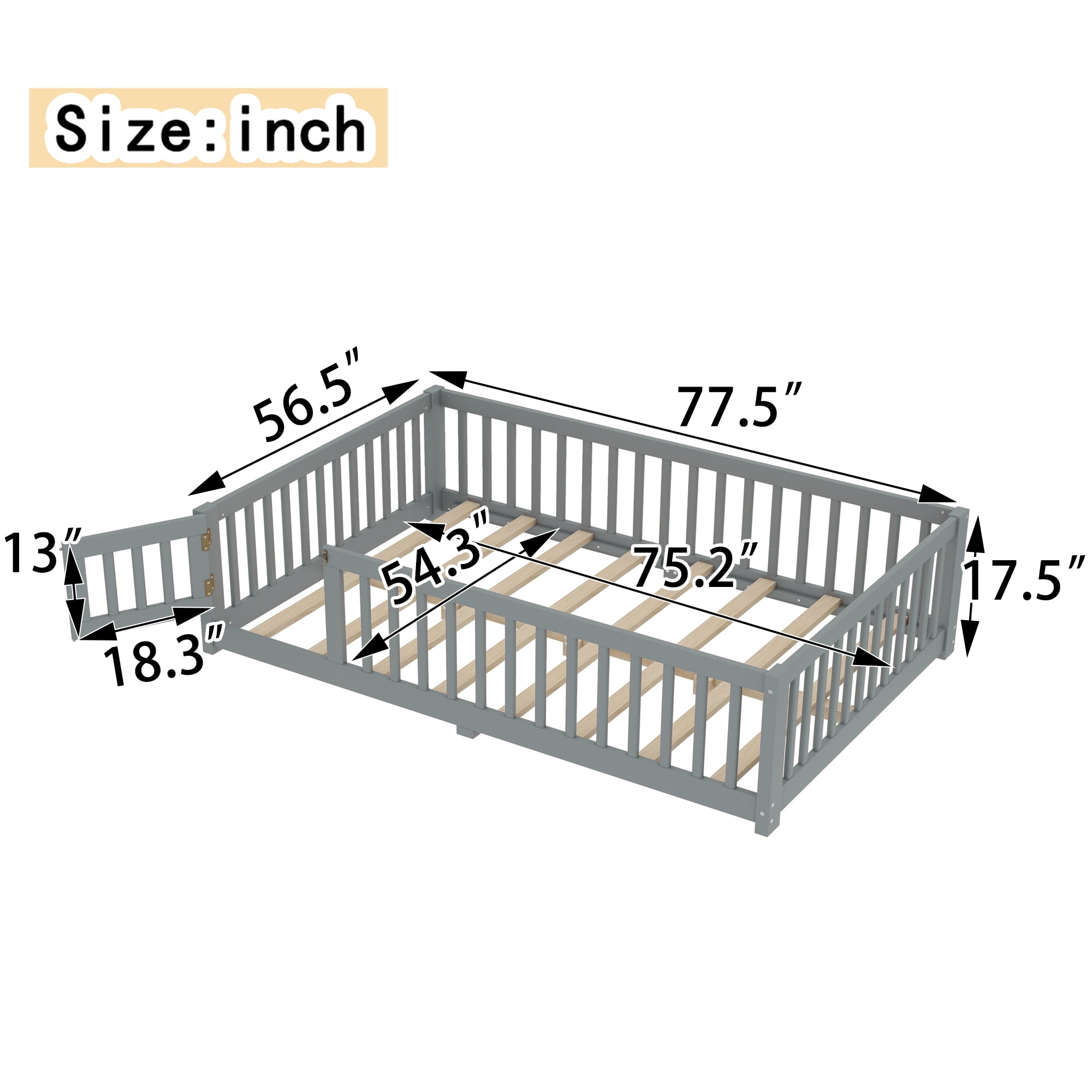 Jopath Full Size Floor Bed Frame,Montessori Bed with Guardrails and Door,with Slatted Base,for Kids,Boys,Girls,Gray