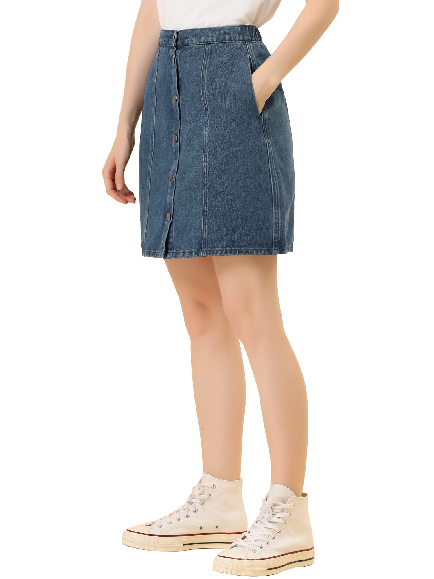 DARING DIVA Women's A-line Button Front Denim Short Skirt M Dark Blue